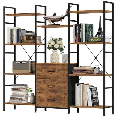 OYRREU Libreria Estanteria 4 Niveles 120W x142Hcm 3 Cajones, Marrón Rústico