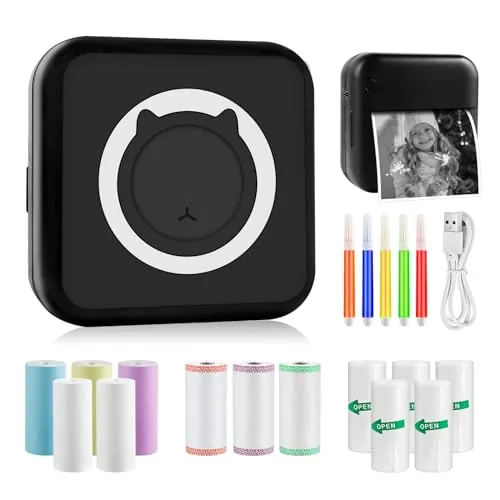 GuKKK Mini Impresora para Movil, Impresora Fotográfica, Portátil Mini Impresora Bluetooth Impresora Termica, Inalámbrico Impresora Térmica Con 13 Rolls of Paper, Movil Impresora Fotos, para Fotos Nota