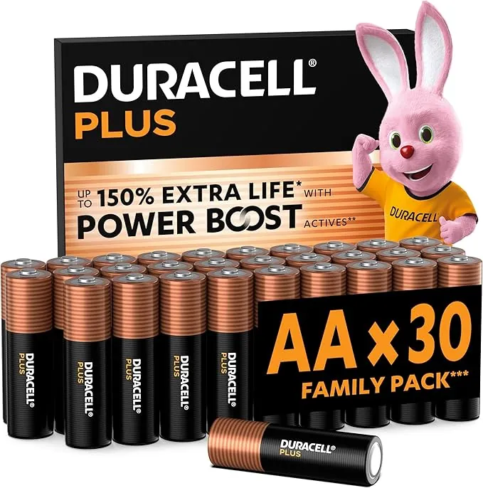 DURACELL Plus Pilas AA (Paquete de 30) – Pilas alcalinas 1,5 V – hasta un 150% de duración Extra con Activos Power Boost–Fiabilidad para Dispositivos cotidianos–Envase con 0% de plástico–MN1500