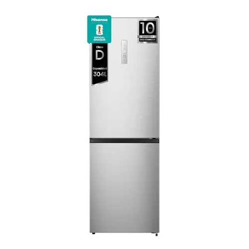 Hisense RB390N4CCD - Frigorífico Combi, Eficiente Clase D, Capacidad 304 L con 186 cm Alto, Cajón Verduras, 4 Estrellas Congelador, Puerta Reversible, Silencioso 39dB, Color Blanco, Inox