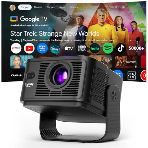 Proyector【Compatible con Google TV & 4K Support】700 ANSI Proyector Portátil | 50000+Apps Corrección Automática de Pantalla HDR10+ 1080P Native Res AI Voice Assistant Altavoces Dobles 10W Audio 3D Negro