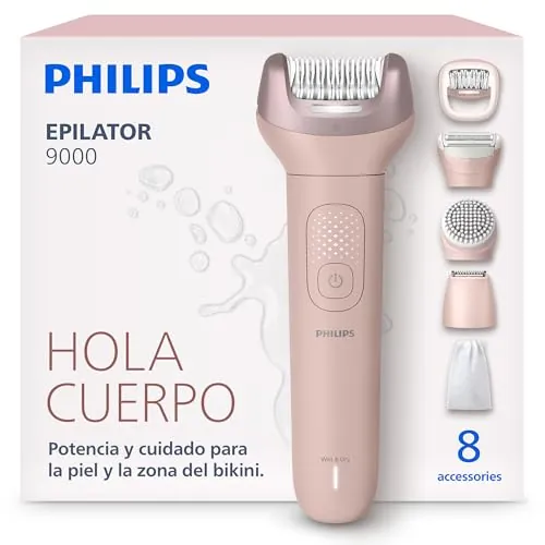 Philips Depiladora Serie 9000 – Depiladora eléctrica inalámbrica, uso en seco y mojado, para piernas, cuerpo y zona del bikini; con ProGuide, 8 accesorios, 60 minutos de autonomía, modelo BRE719/00