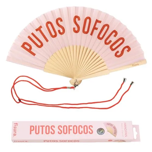 Fisura – Abanico original con mensaje “p*tos sofocos”. Abanico de madera moderno y gracioso. Abanico rosa y rojo. Abanico con cuelga abanico. 42,5 x 23 cm.