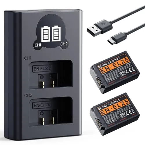 K&F CONCEPT EN-EL25 1350mAh 2 Pack Batería Compatible con Nikon Z50 II, Z30, Z50, Zfc de Repuesto para Cámara y Cargador de Doble Ranura para Monitor LCD
