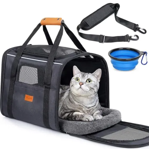 morpilot Transportín Perro Gato, Bolsa Transporte Transpirable para Mascotas, Portador de Viaje con Correa de Hombro Ajustable, Transporte de Gato con Colchón Suave+Tazón (Negro 44 x 31 x 34 cm)
