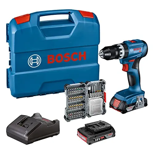Bosch Professional 18V System taladro con percusión a batería GSB 18V-45 (velocidad de giro 1900 rpm, incl. 2 baterías de 2.0Ah, accesorios, GAL 18V-20, L-Case) – Set exclusivo de Amazon