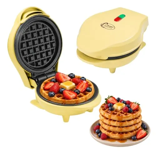 Bestron Mini gofrera, Gofrera para gofres de gofres pequeños, con antiadherente, para cumpleaños infantiles, fiestas familiares, Pascua o Navidad, diseño retro, 550 W, color: Amarillo