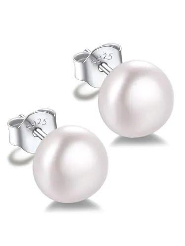 Silvora Pendientes Mujer Plata de Primera Ley 925 8MM Perlas Semiplanas Agua Dulce Aretes Hipoalergenico Oreja Regalo Joyería Deliciosa
