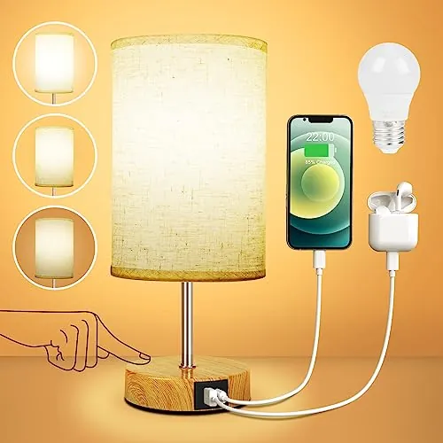 Suright Lámparas de Mesita de Noche Táctil Regulable | Lámpara de Mesa con Puertos de Carga USB A+C, Lámpara de Noche Pequeña para Dormitorio Salón (Bombilla Incluida)