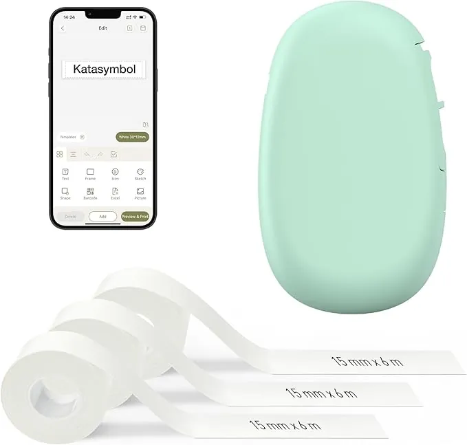SUPVAN E10 Etiquetadora Bluetooth con 3 Rollos 6m Continua Impermeable Etiquetas, App Versátil con 30+ Fuentes 600+ Íconos, para el Hogar, la Cocina, la Escuela y la Oficina, Verde