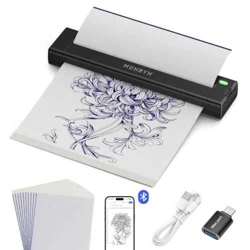 MUNBYN Termocopiadora Tattoo Bluetooth, Impresora Termica Tatuajes para DIY, Compatible con Smartphone y PC, Incluye 10 Hojas de Papel de Transferencia, ITP05S Negro