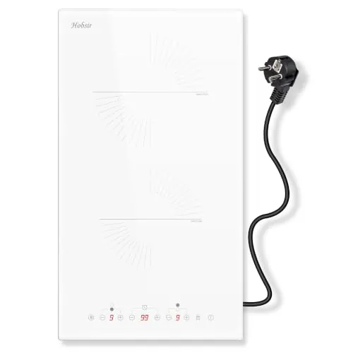 Hobsir Placa Induccion 2 Fuegos con Enchufe, Placa Induccion Blanca, 3500 W | Integrada 30 cm, Control Táctil, Función Boost, 9 Niveles de Potencia, Temporizadores, Bloqueo de Seguridad, 220-240 V