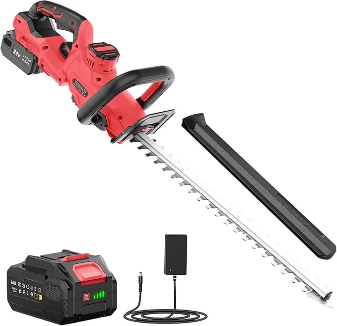 Cortasetos Bateria 21V, Cortasetos Eléctrico con 4.0Ah Bateria, 180° Ajustable Podadora, 51 cm Longitud Hoja, 16 mm Espacio Entre Dientes, Cubierta Cuchillas para Setos, Ramas, Arbustos, Ramitas