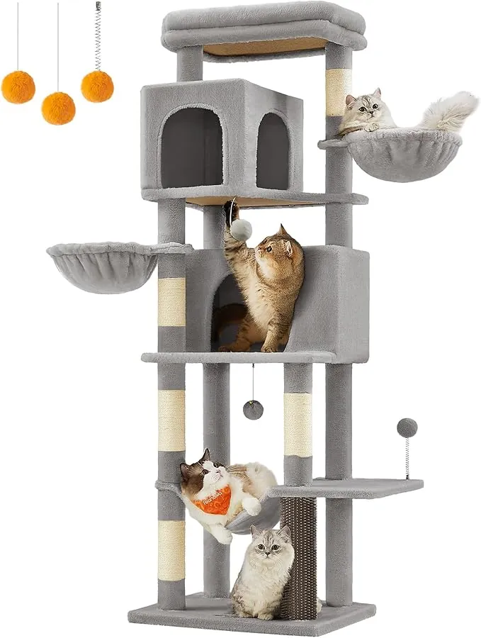Feandrea Árbol Grande para Gatos, Torre para Arañar de 175 cm de Altura, Multinivel con 2 Cuevas, 2 Cestas, 5 Rascadores, Alfombra, Plataforma, Hamaca, Gris Paloma PCT182G01