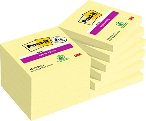 Post-it Notas Super Sticky Canary Yellow, Paquete de 8 Blocs + 4 Gratis, 90 Hojas por Bloc, 76 mm x 76 mm, Color Amarillo - Notas Extra Adhesivas para Listas de Tareas y Recordatorios