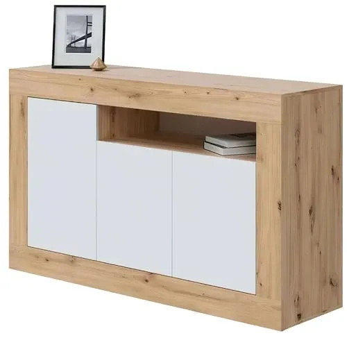 Habitdesign Aparador 3 Puertas, Buffet para Salon, Armario Auxiliar, Modelo Baltik, Acabado en Color Blanco Artik y Roble Nodi, Medidas: 144 cm (Ancho) x 87 cm (Alto) x 42 cm (Fondo)