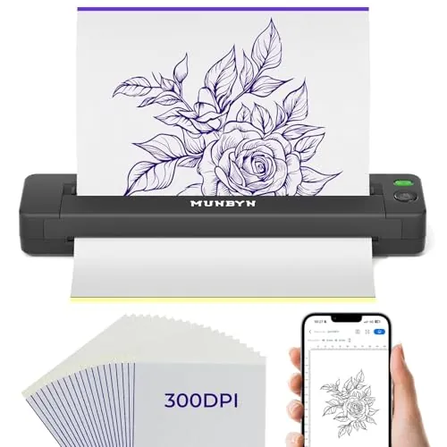MUNBYN 2026 Nuevo Termocopiadora Tattoo 300DPI, Impresora Termica Tatuajes Bluetooth para Principiantes y Artistas, Compatible con Teléfono Tablet PC, con 20 Piezas de Papel de Transferencia