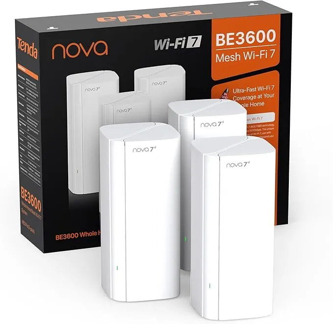 Tenda Nova ME3 Pro (Pack de 3) – Sistema WiFi 7 Mesh BE3600 (3.6 Gbps Doble Banda), 3 Puertos Gigabit, Cobertura para Todo el Hogar, Ideal para Streaming 4K y Juegos, MLO, WPA3, Itinerancia Continua