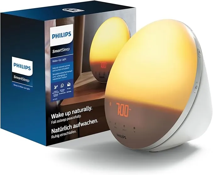 Philips SmartSleep Wake-up Light – Luz de cabecera y despertador, Simulación del amanecer de colores, 20 niveles de brillo, 6 sonidos naturales, Función de luz nocturna, Modelo HF3521/01