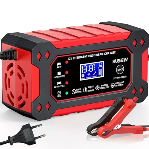 12V6A Cargador de Batería de Coche,Cargador de Batería Inteligente con Pantalla LCD, Múltiples Funciones de Protección,paraAutomóviles,Moto,Camión,AGM,Gel,SLA (2Ah-100Ah)