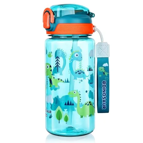 flintronic 20oz/600ml Botella de Agua Niños, Botella para Beber Pop-up, Botella de Agua Pajita para Infantil para Viajes Escolares Sin BPA, Sin Fugas, Reutilizable(Verde)