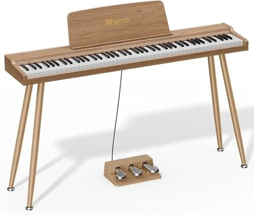 Rhymo Teclado Digital 88 Teclas Semipesado para Principiantes | Piano Eléctrico con Bluetooth Audio/MIDI, Altavoces 20W, Triple Pedal y Soporte – Color Madera