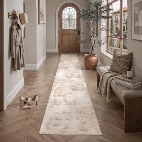 PureCozy Alfombra de pasillo lavable de 80 x 400 cm, color beige y marrón | Alfombra larga antideslizante, abstracta, natural, neutro, moderna, para salón, mesita de noche, cocina, dormitorio