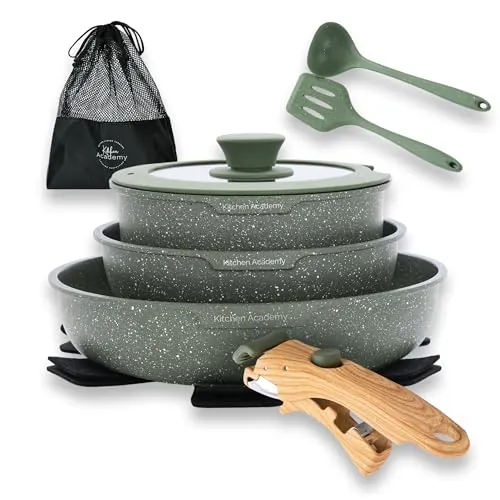 Kitchen Academy Juego de ollas de 10 piezas, Juego de ollas y sartenes con tapas de cristal, Revestimiento de mármol, Sellado antiadherente, Apto para inducción, Mmango liso veteado, Color verde