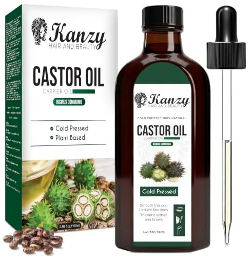 Kanzy Aceite de Ricino para Pestañas y Cejas 100ml Aceite de Ricino para Cabello, Barba, Uñas, Cuerpo y el Rostro Prensado en Frío, Ideal Aceite Pelo Crecimiento Cabello Castor Oil con Cepillos