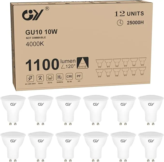 GY 12 bombillas LED GU10, 10 vatios (equivalente a 100 vatios), 1100 lúmenes, 4000K blanco neutro, se pueden usar para iluminación de inundación amplia integrada, listada en CE, No regulable
