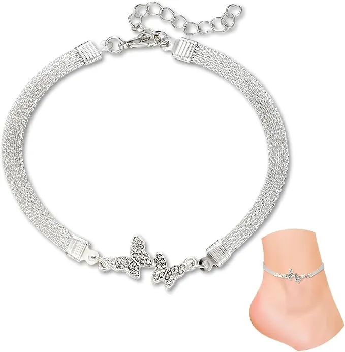Tobillera para mujer plata , hecha a mano con mariposa, diseño geométrico, ajustable, elegante, brillante, para verano, playa y como regalo