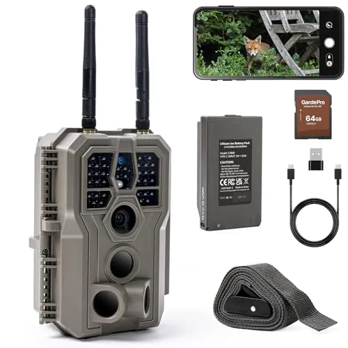 GardePro E8 2.0 Pro Cámara de Caza, WiFi de Doble Antena con Tarjeta SD de 64GB, Batería Recargable 7800mAh, 64MP 4K H.264, Alcance de Visión Nocturna de 30m y 0,1s Tiempo de Activación, IP66