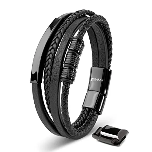 SERASAR Pulsera Hombre 20cm Negro de Cuero Pulseras Hombres Brazalete Brazaletes Pulso Muñequera Bisuteria Bisutería Joyeria Nudos Cuerda Cuerdas Bracelet Men Jewellery Ancha