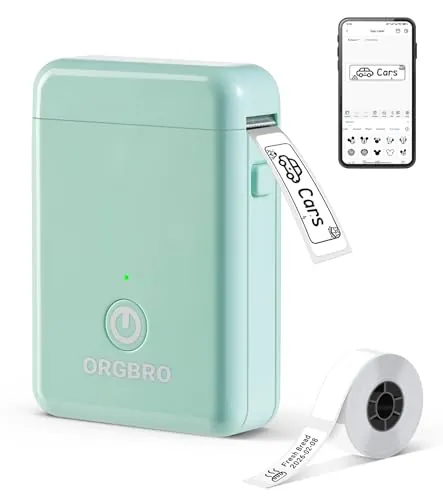 ORGBRO X1 Etiquetadoras, Impresora Térmica de Etiquetas Autoadhesivas Portátil Bluetooth Mini Label Maker Compatible con iOS/Android para Hogar y Oficina - Incluye 1 Rollo de Etiquetas (Verde)
