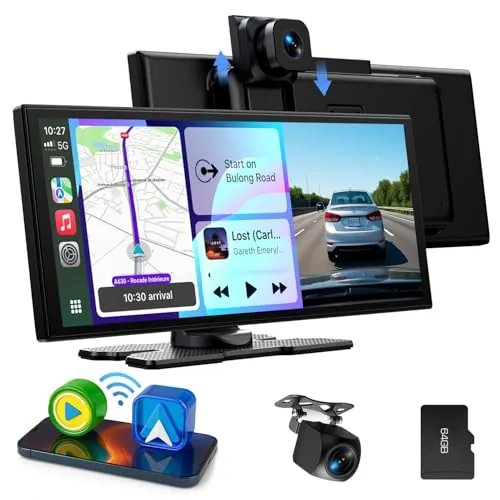 LAMTTO Pantalla Coche CarPlay Inalámbrico 10,25" Car Play Android Auto Estéreo con Dashcam Delantera Trasera 2,5K+1080P Sin Instalación Navegación Bluetooth FM AUX Tarjeta TF 64GB