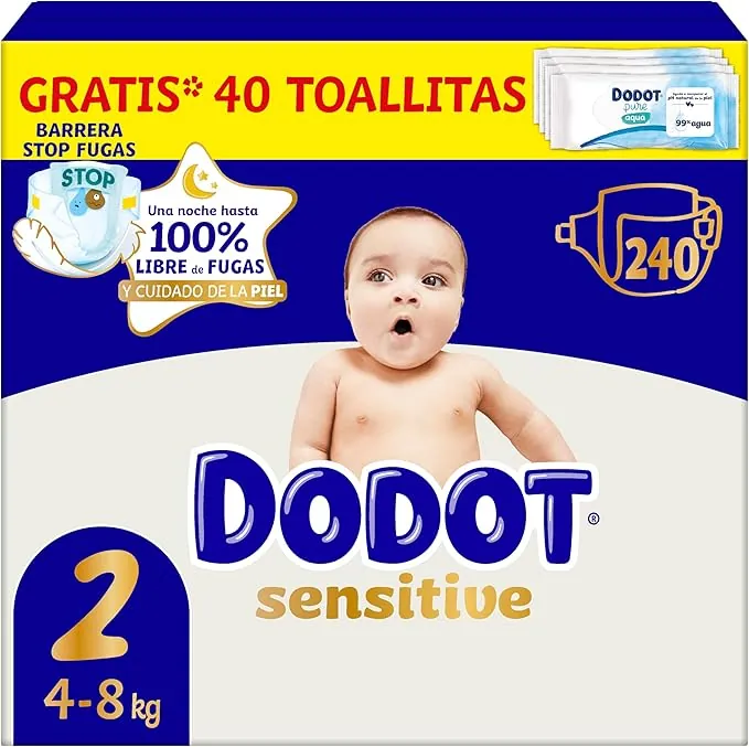 Dodot Pañales Bebé Sensitive, Talla 2 (4-8 kg), 240 Pañales + Regalo de 40 Toallitas Aqua Pure 99% Agua, Hasta 12 h De Protección Antifugas y Cuidado de la Piel, Pack Mensual