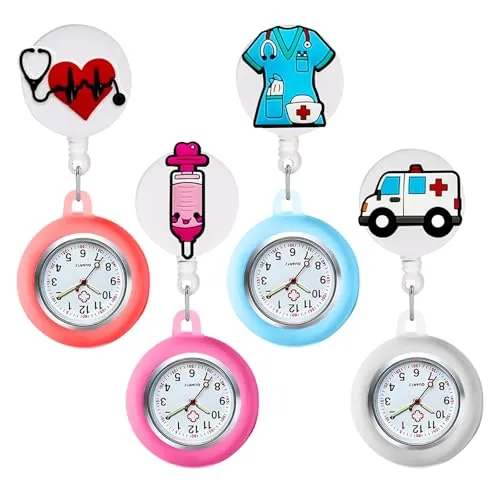 SPORWAY 4 relojes de bolsillo para mujer con clip, retráctil, reloj de bolsillo para enfermera, reloj de bolsillo con puntero brillante para médicos, cuidadores, estudiantes, mujeres, No.