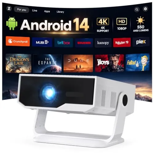 ZDK Proyector Portátil Inteligente 2026, Compatible con 4K/1080P, Android 14 con Aplicaciones Integradas, 550 ANSI Lúmenes, WiFi 6 + Bluetooth 5.4, Enfoque Eléctrico, Ruido ≤30 dB a 1 Metro (Negro)