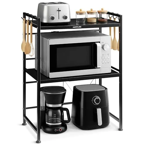 JUPPLIES Soporte Microondas 77,5×39×36,2 cm – Estantería Microondas Extensible 39–60 cm – Mueble Microondas Cocina de Acero Antióxido con 8 Ganchos – Estante Reforzado de Alta Capacidad para Encimera