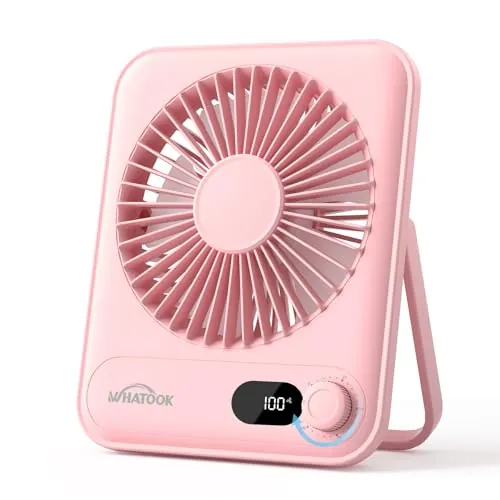 WHATOOK Mini Ventilador silencioso USB: 100 Velocidades y Batería de 2000 mAh, Portátil Pequeño Ventilador Plegable de Escritorio con Pantalla LED para Oficina, Hogar y Dormitorio(Rosa)