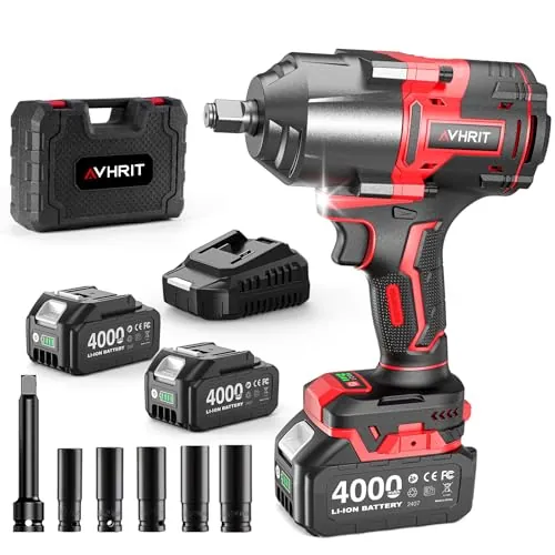 Avhrit Llave de Impacto Inalámbrica 1600N.m con 2x 4000mAh Baterías, 1/2 Pistola de Impacto Batería, Eléctrica Llave de Impacto para Coches Camiones, con 5 Enchufes