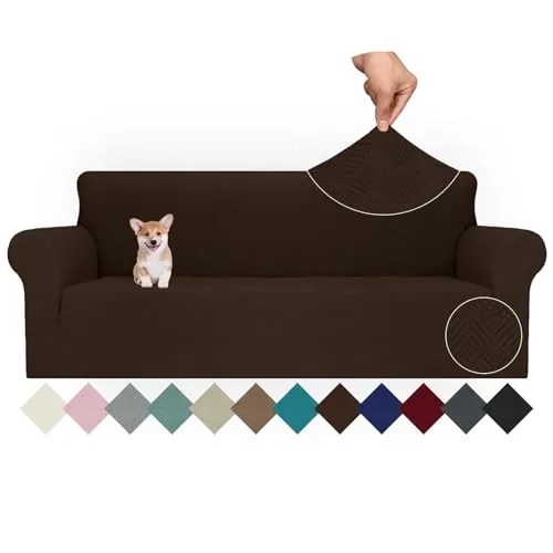 Ystyle Funda Sofa 4 Plazas Ajustable, Fundas para Sofa Elasticas, Funda De Sofa Anti Gatos Perros, Sofa Cover con Reposabrazos, Jacquard Fundas Cubre Sofa Ntideslizante Lavable, Café