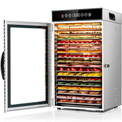 Kwasyo Deshidratador de Alimentos Comercial 18 Bandejas, 800W Deshidratador de Acero Inoxidable con Circulación de Aire 360°, Gran Capacidad para Carne, Frutas, Verduras, Hierbas