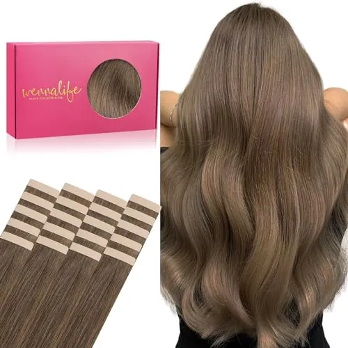 WENNALIFE, Extensiones de cabello humano real con cinta adhesiva para mujer, 20 unidades, 50 g, 56 cm, Castaño ceniza claro, Rallonge Cheveux Humain Naturel