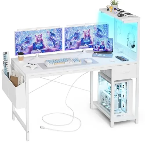 Grandder Escritorio Gaming 120x50 cm con Enchufe LED RGB Estantes Abatibles Cajón Organizador para PC Portátil Hogar/Oficina Incluye Bolso Fibra Carbono Negro