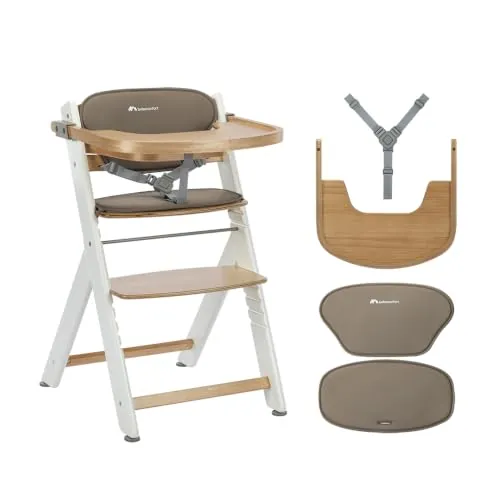 Bebeconfort Timba 2 con Cojín, Trona Bebé Evolutiva, Desde 6 meses hasta 110 kg, Silla Trona Bebé Comedor Ergonómica, Apta Todo Tipo Mesas, Bandeja Extraíble, Con Arnés, Natural Wood (Madera)+Beige