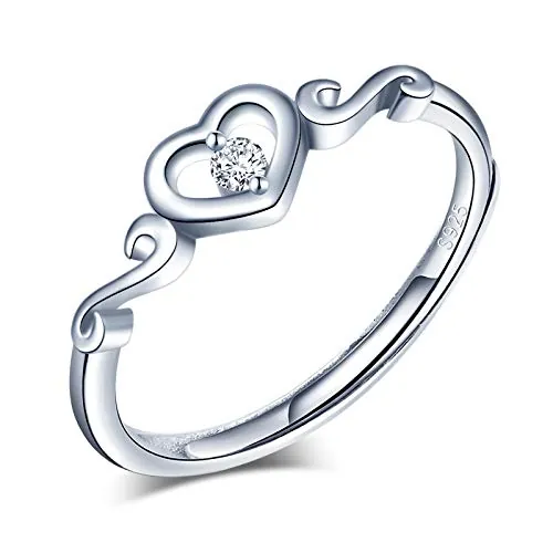 Yumilok Anillo de plata 925, anillo ajustable para mujer y niña, anillo de compromiso abierto, anillo de corazón de boda, circonita cúbica con incrustaciones, tamaño ajustable