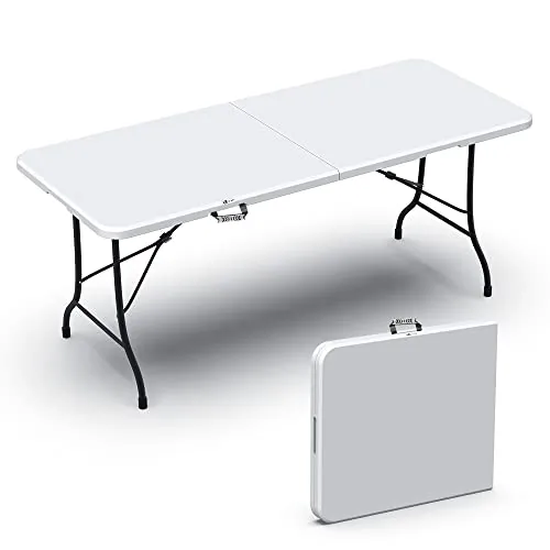 VOUNOT® Mesa Plegable Multifuncional 180 x 75 cm, Mesa de Fiesta con Asa de Transporte, para Jardín, Terraza, Balcón, Blanco