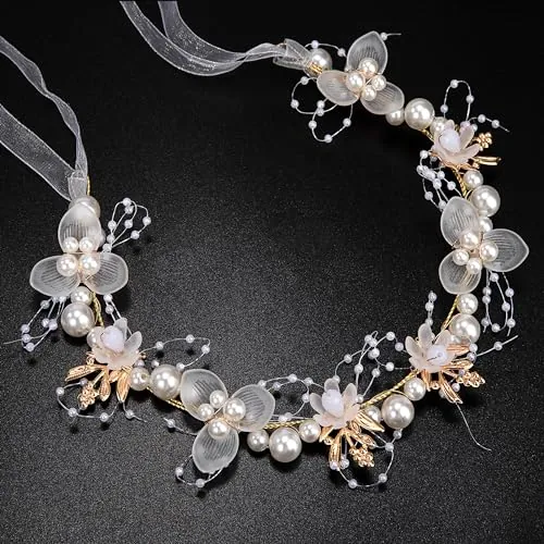 Heveer Cabello de Niña Tocado de Flores de Princesa Diadema con Flores Perlas Lazo Accesorios de Boda para el Pelo Blanco, Dorado