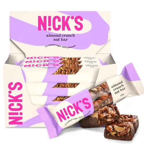 NICKS Almond nut bar, barrita vegana de almendras y frutos secos con keto chocolate sin azúcares añadidos, sin gluten (12x40g)